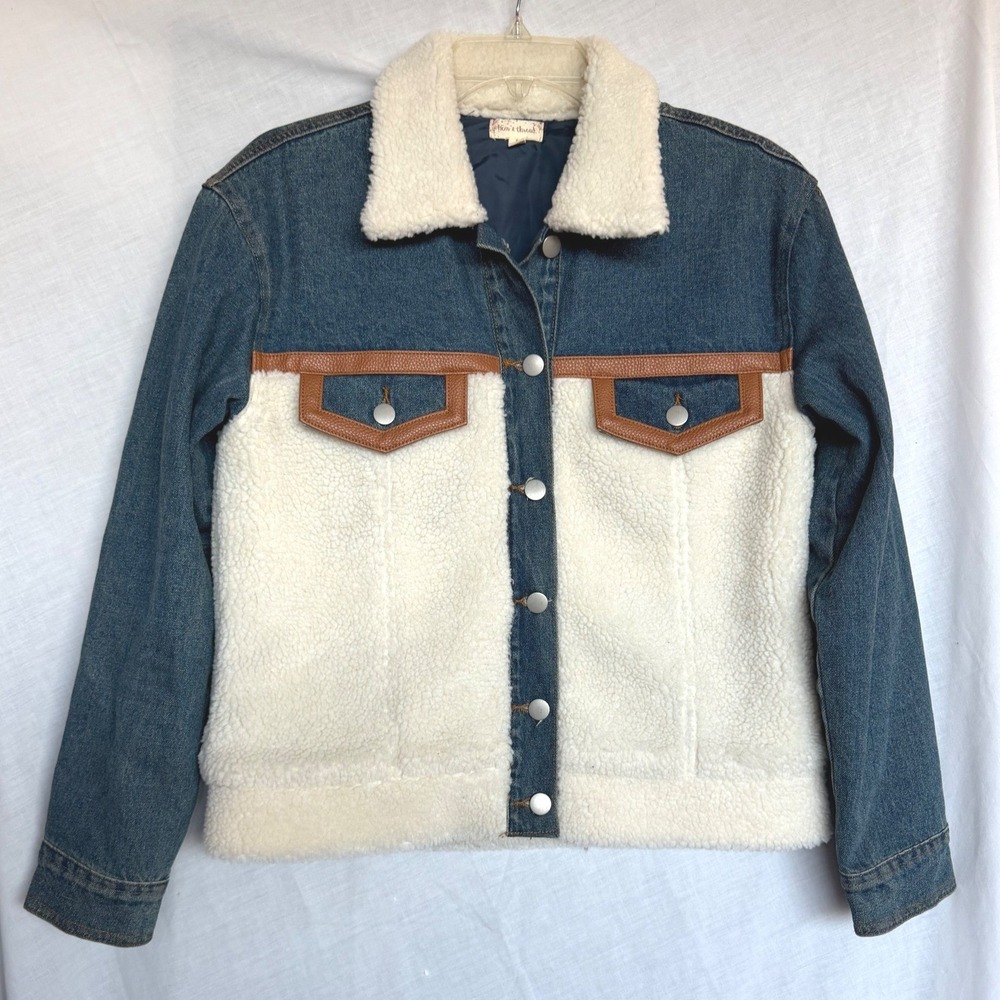 Hem & Thread Jean Jacket Blue Cream Sherpa Western Trucker Button Down Small